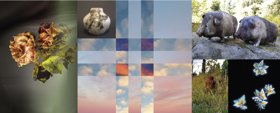 Bildecollage av forskjellige kunstverk, blant annet et fotografi av to visne roser, en vase, to kermaikkgriser og et fotografi av rustet melkespann i naturne